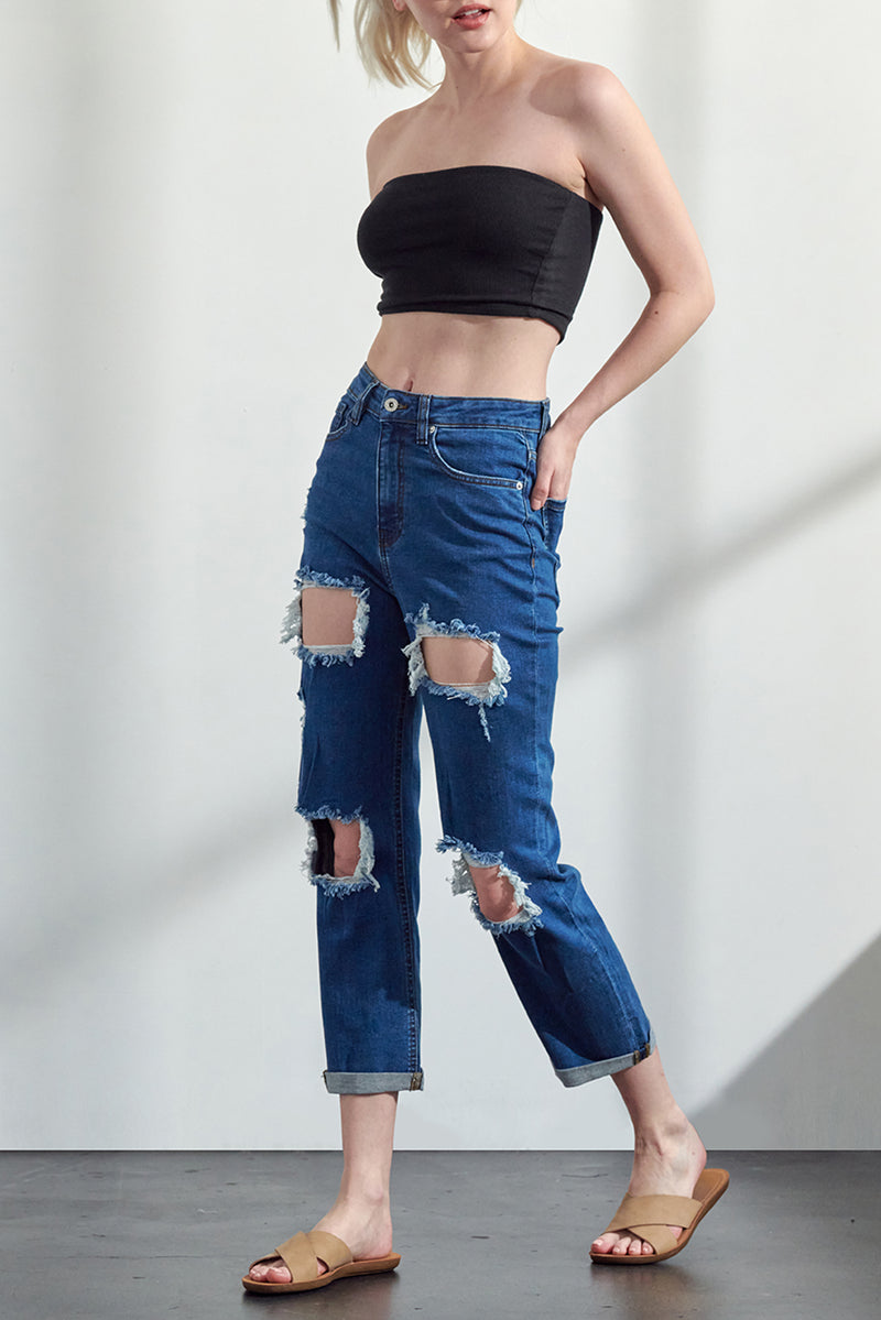 Women's High Rise Distressed Slim Straight Fit Jeans