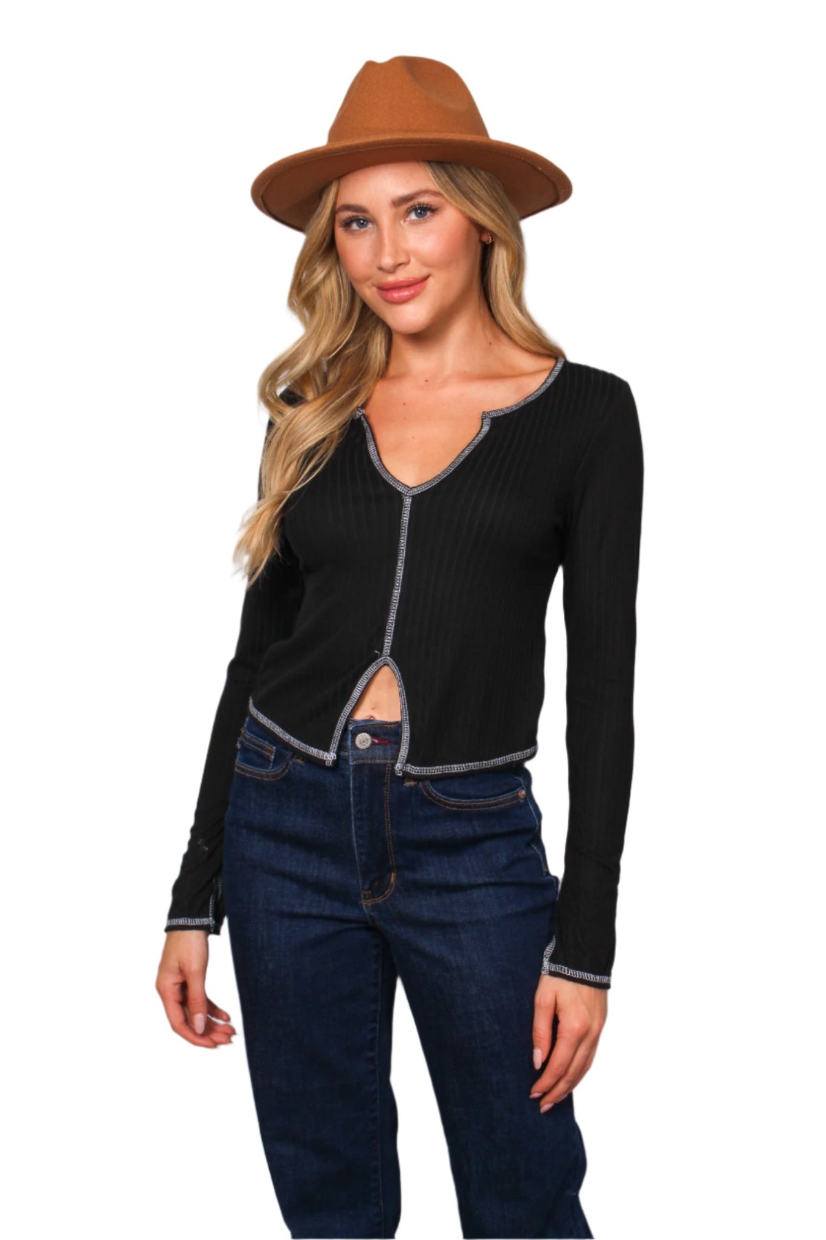 Women's Long Sleeve Trim V Neck Solid Top