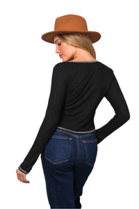 Women's Long Sleeve Trim V Neck Solid Top