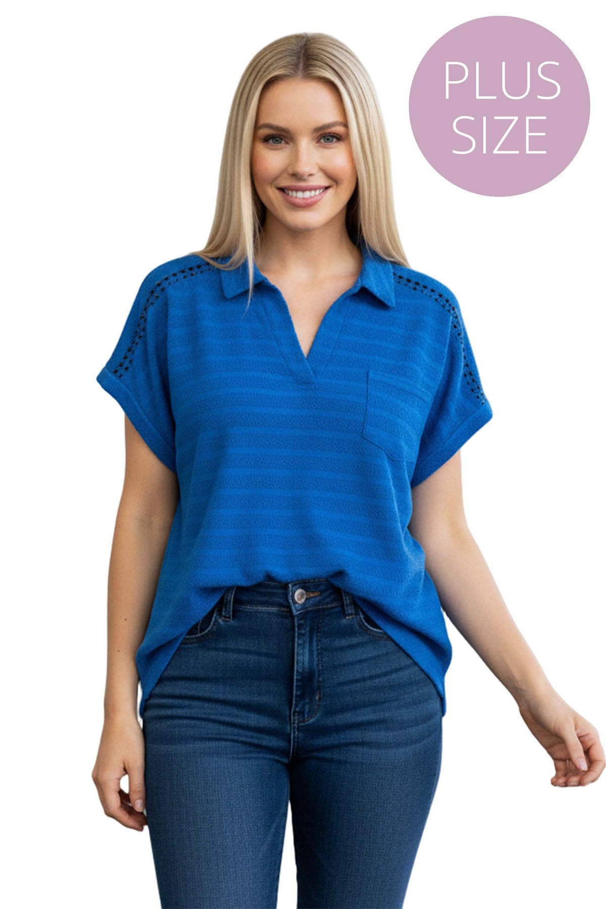 Women's Plus Short Sleeve Textured V Neck Top
