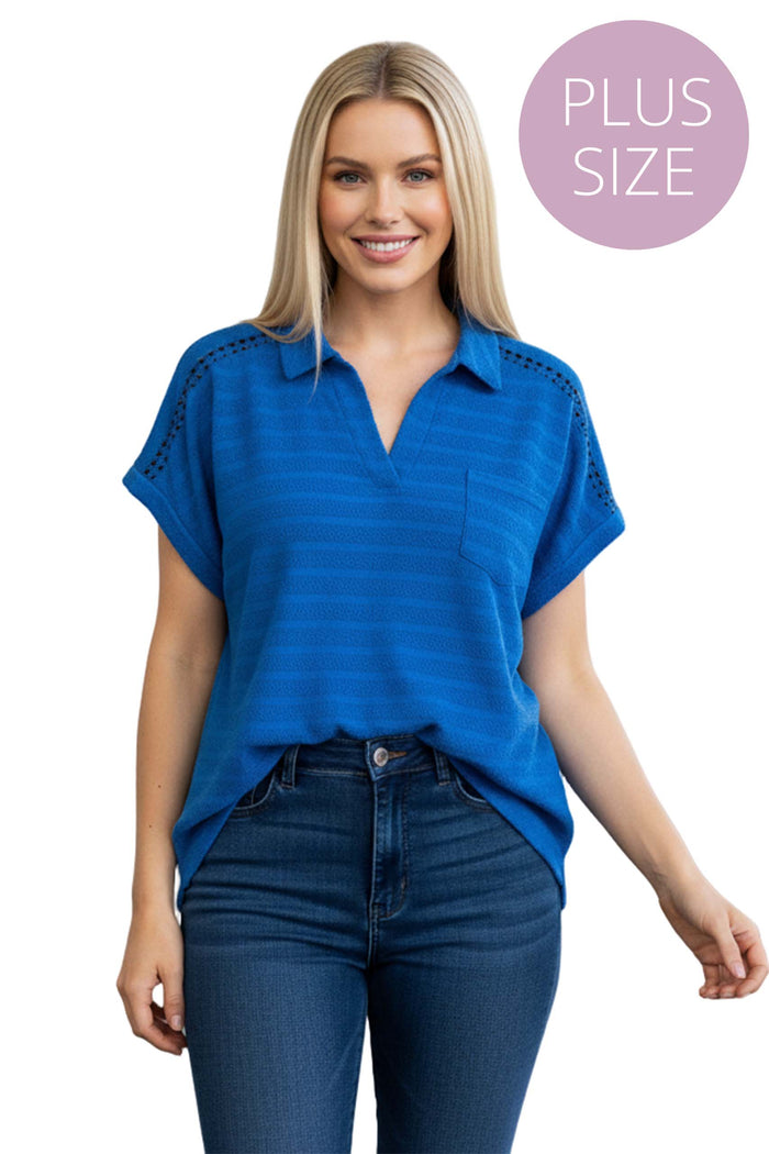 Women's Plus Short Sleeve Textured V Neck Top