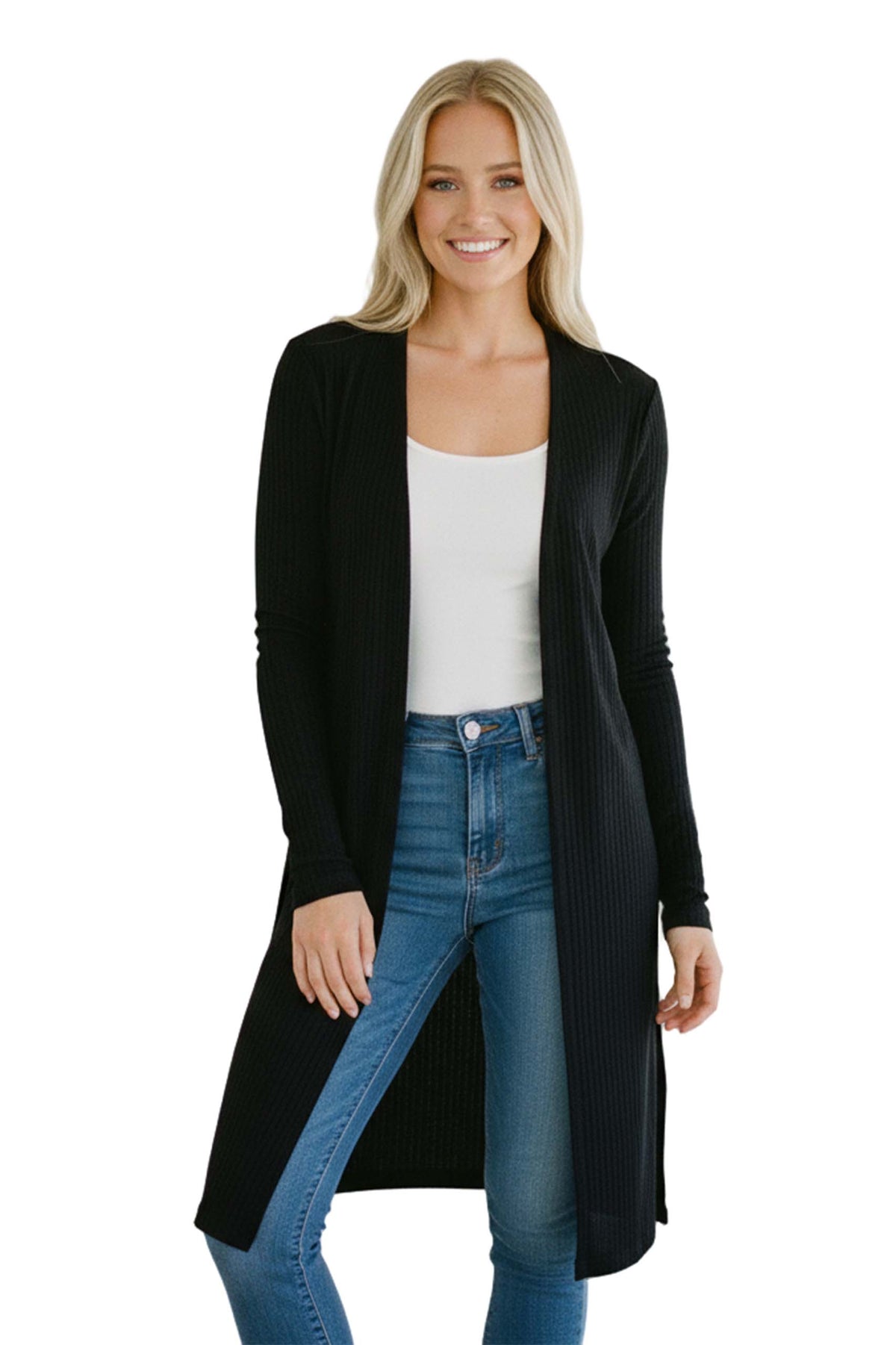 Women’s Long Sleeve Open Front Side Slit Ribbed Duster Cardigan