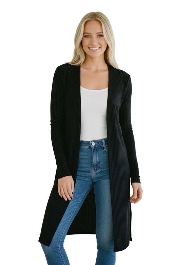 Women’s Long Sleeve Open Front Side Slit Ribbed Duster Cardigan