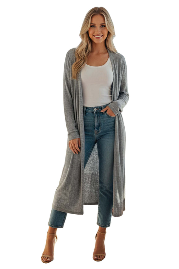 Women’s Long Sleeve Open Front Side Slit Ribbed Duster Cardigan