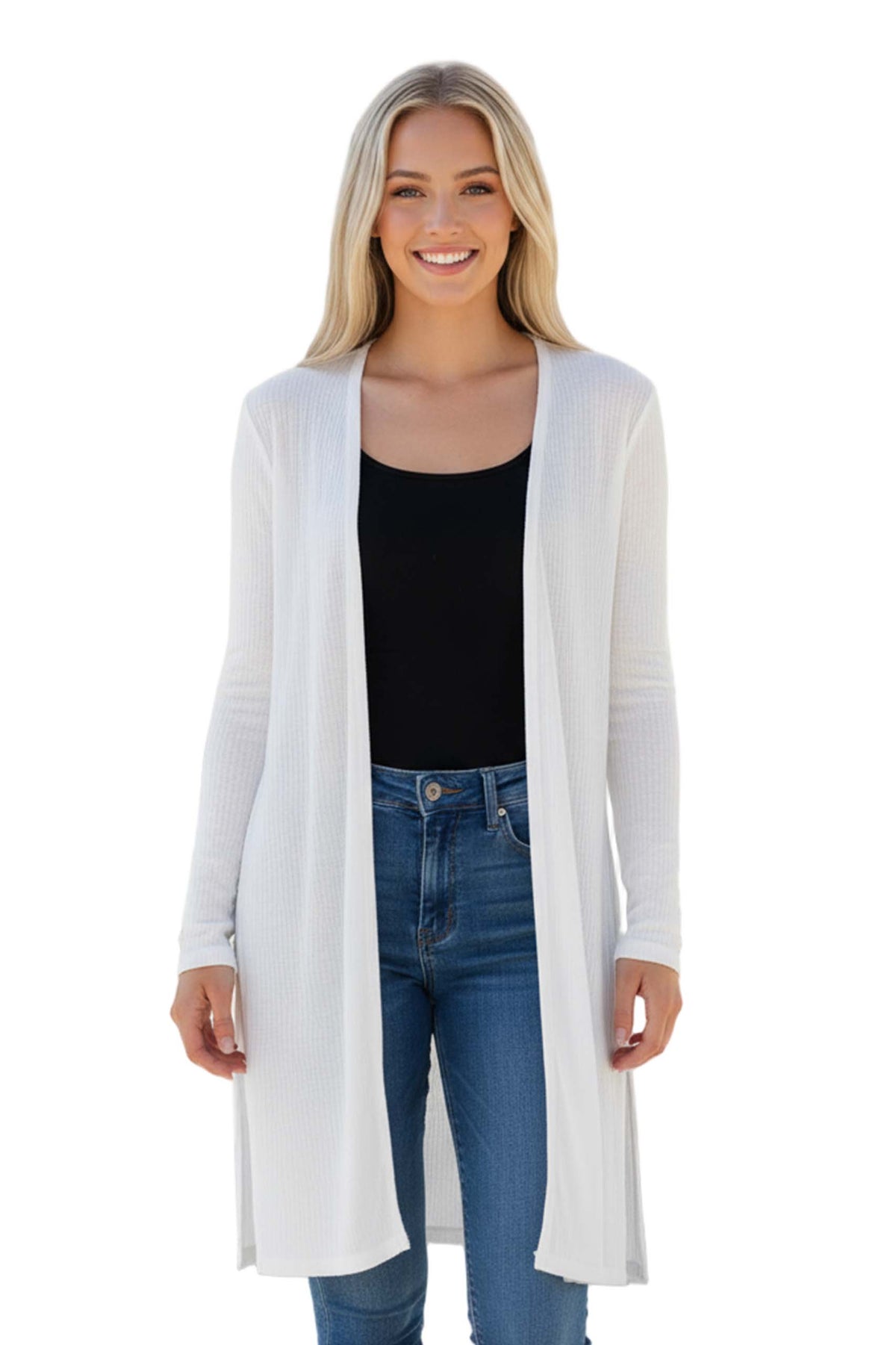 Women’s Long Sleeve Open Front Side Slit Ribbed Duster Cardigan