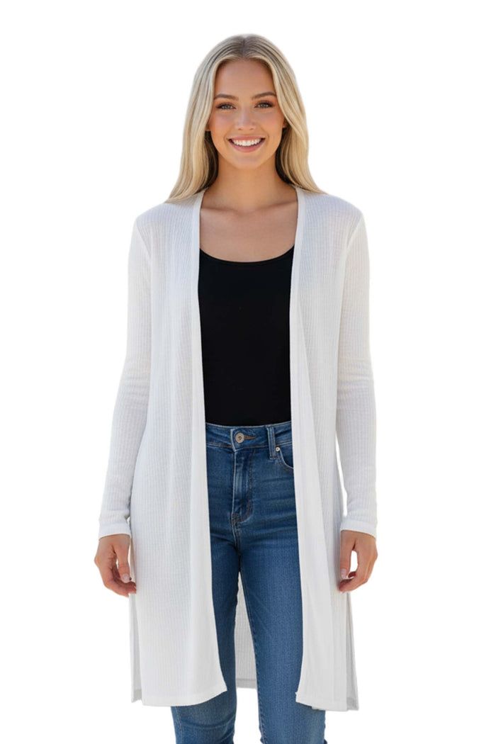 Women’s Long Sleeve Open Front Side Slit Ribbed Duster Cardigan