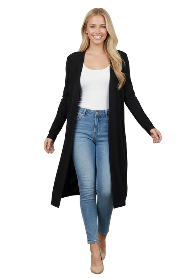 Women’s Long Sleeve Open Front Flowy Ribbed Duster Longline Cardigan
