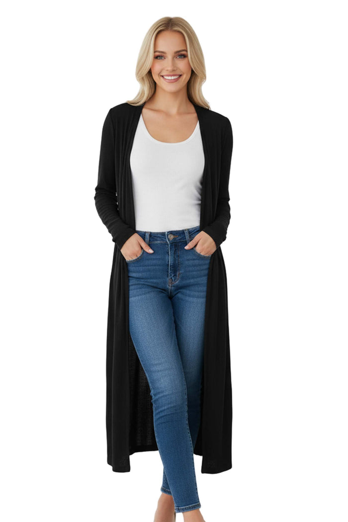 Women’s Long Sleeve Open Front Flowy Ribbed Duster Longline Cardigan