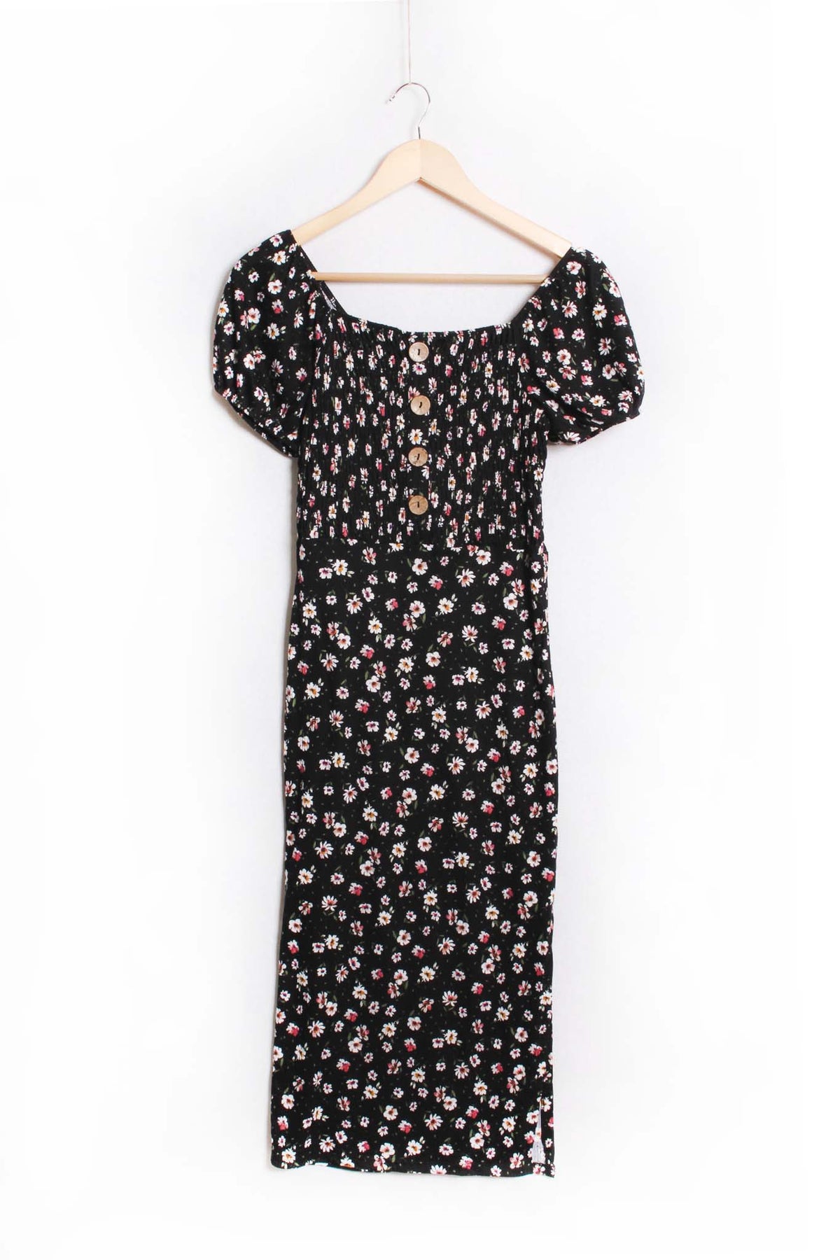 Women's Short Sleeve Square Neck Floral Pleated Midi Dress