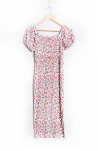 Women's Short Sleeve Square Neck Floral Pleated Midi Dress