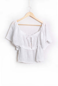 Women's Short Sleeves Drawstring Neck Eyelet Peasant Top