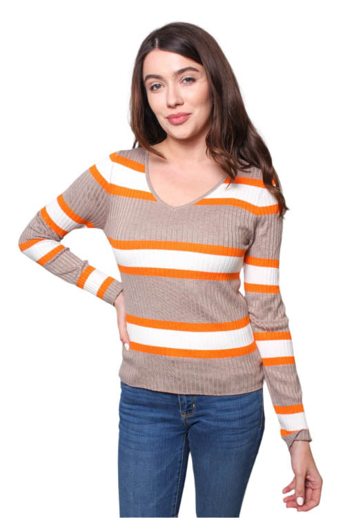 Women's Long Sleeves V Neck Ribbed Stripes Top