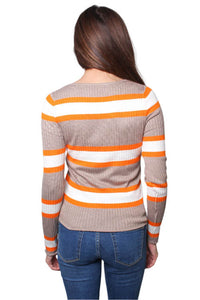 Women's Long Sleeves V Neck Ribbed Stripes Top