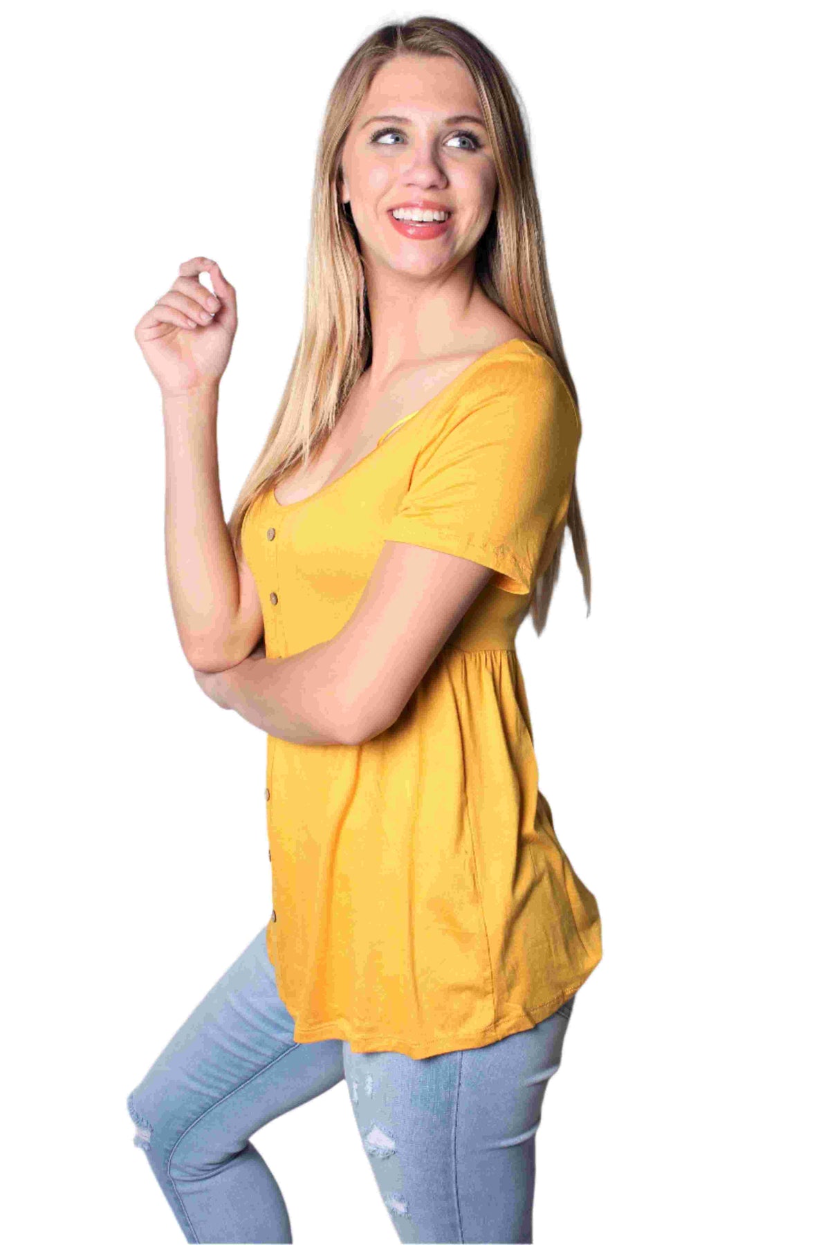 Women's Short Sleeve Solid Peplum Top with Button Design