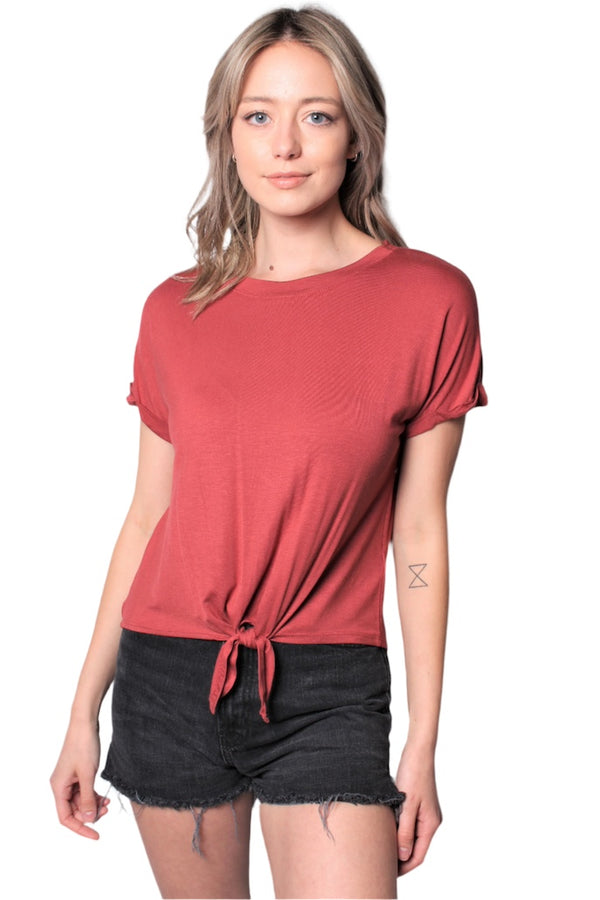 Women's Short Sleeve Solid Top w/ Front Knot