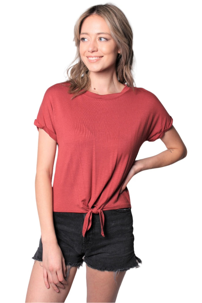 Women's Short Sleeve Solid Top w/ Front Knot