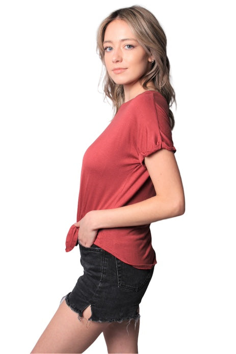 Women's Short Sleeve Solid Top w/ Front Knot