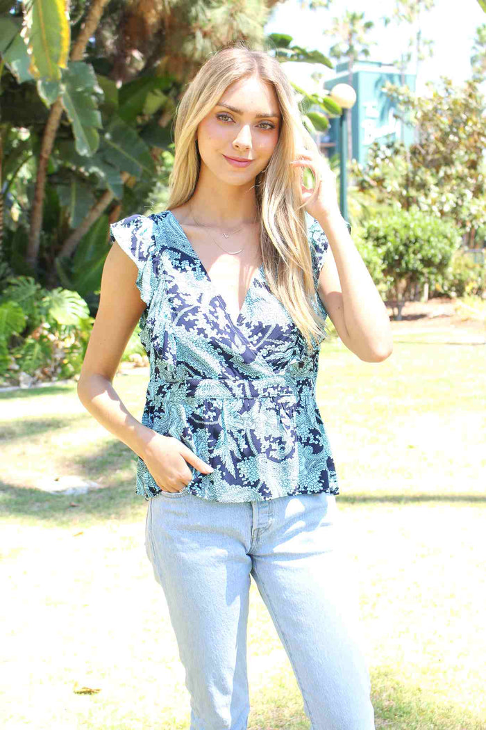 Women's Sleeveless Deep V Floral Print Open Back Top