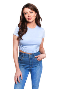Women's Short Sleeve Round Neck Side-Ruched Crop Top