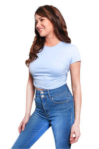 Women's Short Sleeve Round Neck Side-Ruched Crop Top