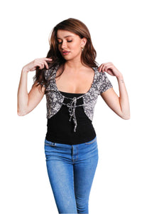 Women's Short Sleeve Tie Front Ribbed Shrug Top