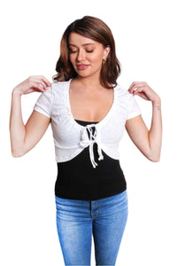 Women's Short Sleeve Tie Front Ribbed Shrug Top