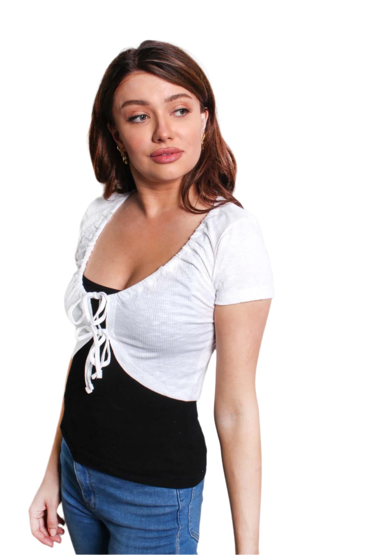 Women's Short Sleeve Tie Front Ribbed Shrug Top