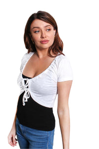 Women's Short Sleeve Tie Front Ribbed Shrug Top