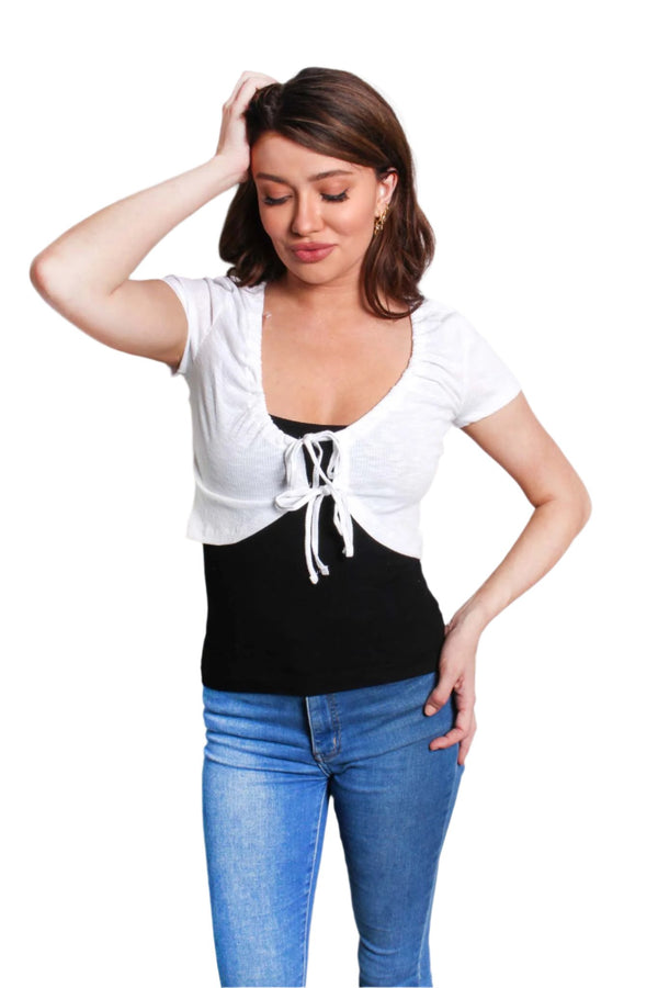 Women's Short Sleeve Tie Front Ribbed Shrug Top