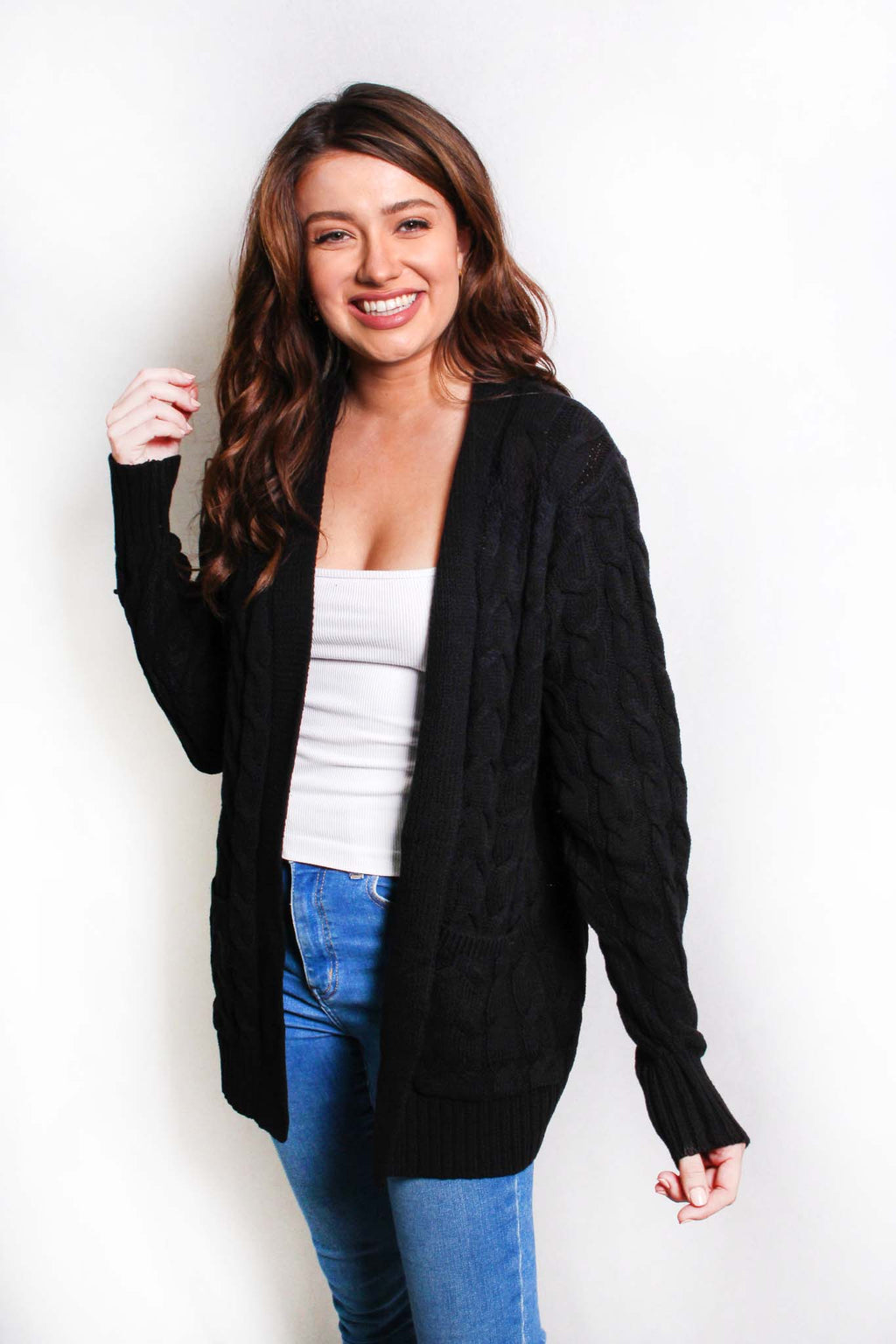 Women's Long Sleeves Open Front Double Pocket Cable Knit Cardigan