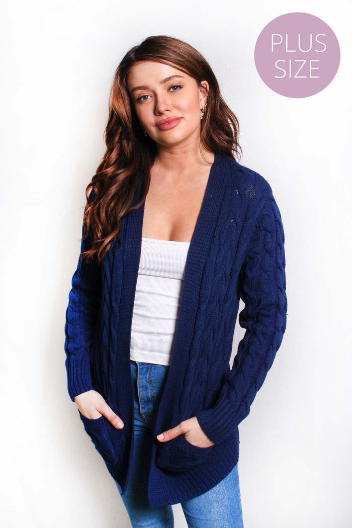 Women's Plus Long Sleeves Open Front Double Pocket Cable Knit Cardigan