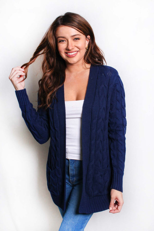 Women's Plus Long Sleeves Open Front Double Pocket Cable Knit Cardigan