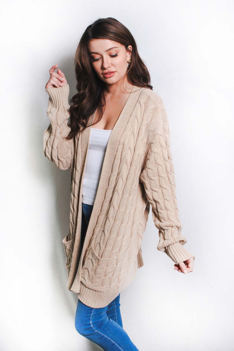 Women's Long Sleeves Open Front Double Pocket Cable Knit Cardigan