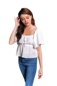 Women's Short Sleeves Drawstring Neck Eyelet Peasant Top