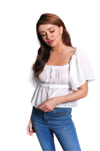 Women's Short Sleeves Drawstring Neck Eyelet Peasant Top
