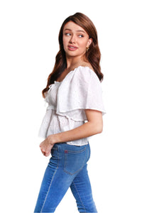 Women's Short Sleeves Drawstring Neck Eyelet Peasant Top