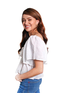 Women's Short Sleeves Drawstring Neck Eyelet Peasant Top