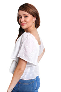 Women's Short Sleeves Drawstring Neck Eyelet Peasant Top