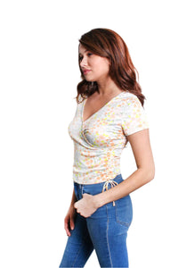 Women's Short Sleeve Side Drawstring Floral Print Top