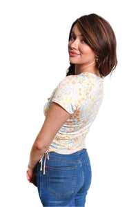 Women's Short Sleeve Side Drawstring Floral Print Top