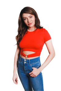 Women's Short Sleeve Round Neck Cut Out Crop Top