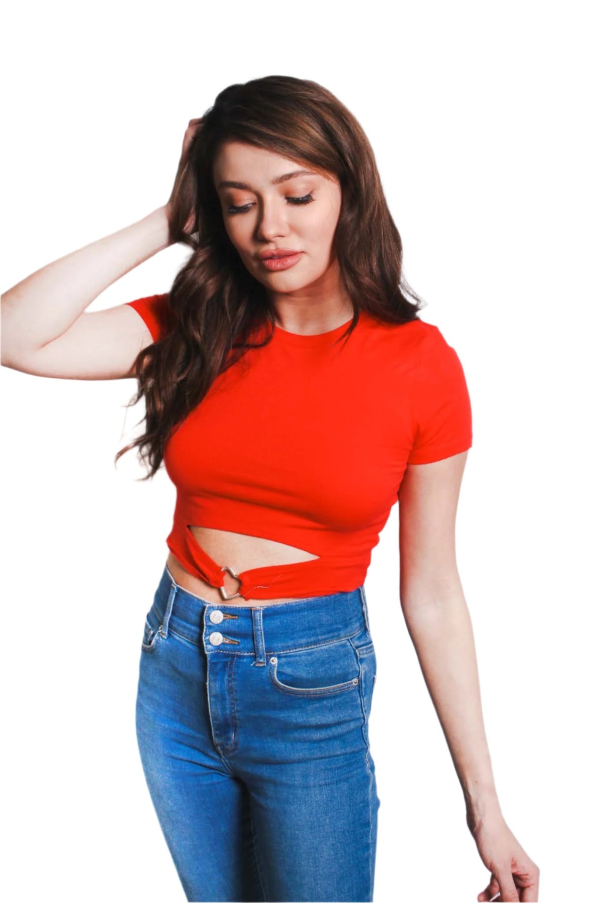 Women's Short Sleeve Round Neck Cut Out Crop Top