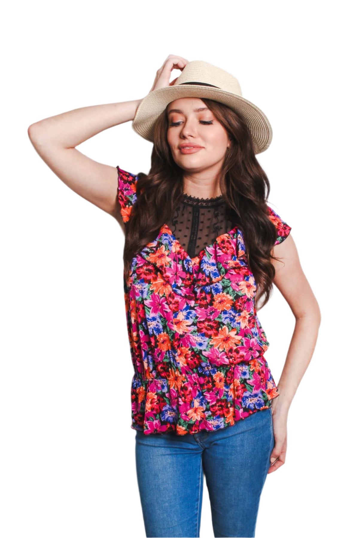 Women's Sleeveless Ruffled Floral Top