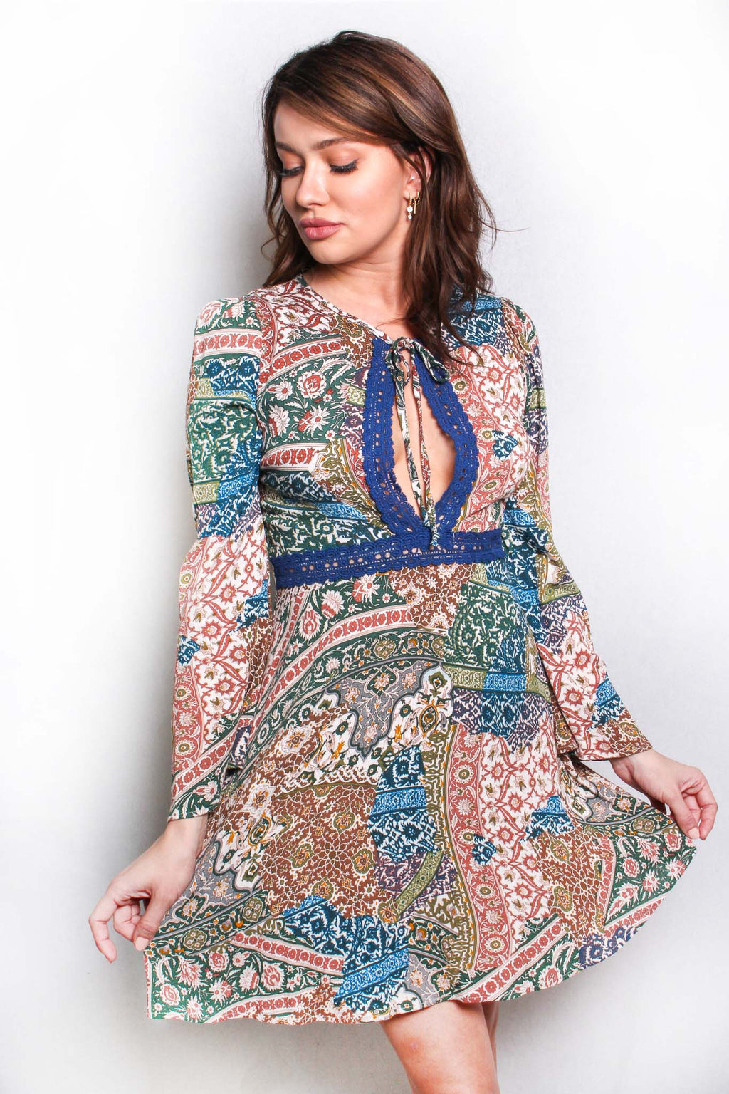 Women's Long Sleeve Embroidered Floral Print Mini Dress