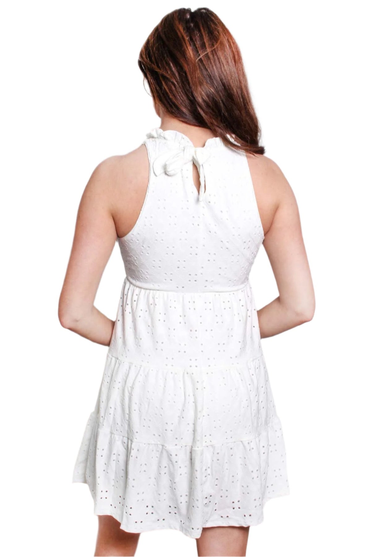 Women's Sleeveless Halter Ruffle Neck Eyelet Tiered Midi Dress