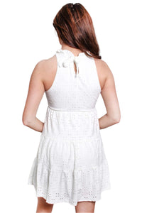 Women's Sleeveless Halter Ruffle Neck Eyelet Tiered Midi Dress