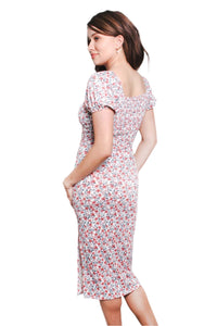 Women's Short Sleeve Square Neck Floral Pleated Midi Dress