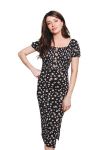 Women's Short Sleeve Square Neck Floral Pleated Midi Dress