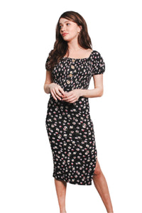 Women's Short Sleeve Square Neck Floral Pleated Midi Dress