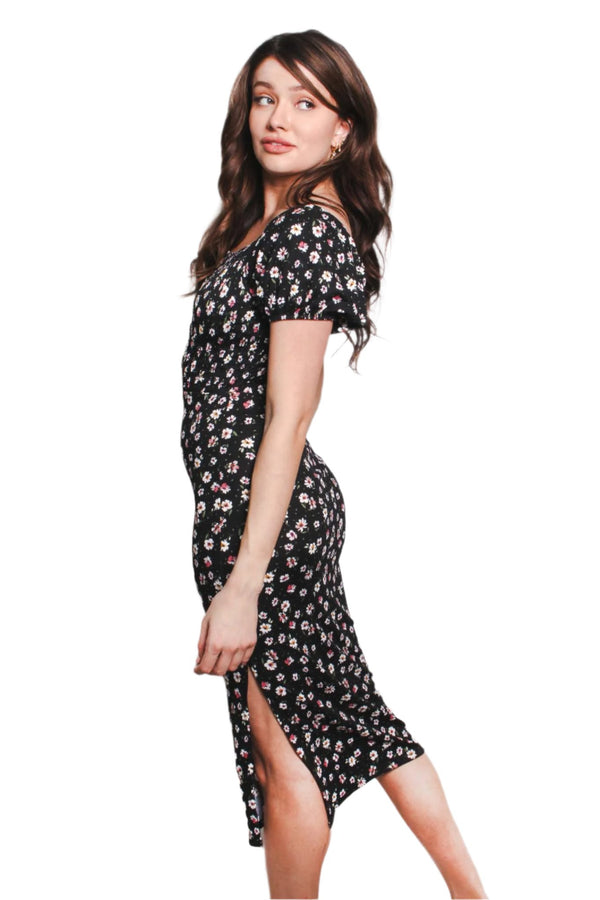 Women's Short Sleeve Square Neck Floral Pleated Midi Dress